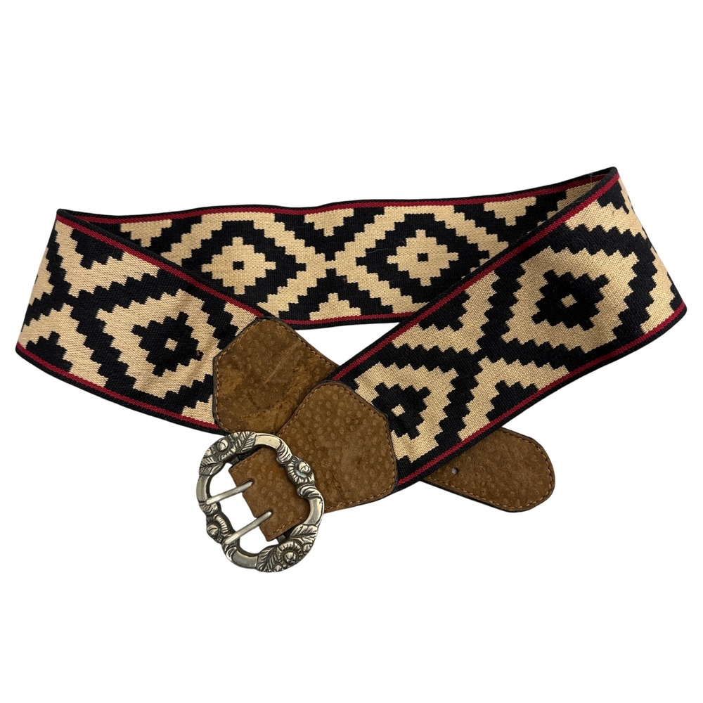 Arandu Belt Womens 95 Beige Black Geometric Diamond Print Ostrich Leather Trim